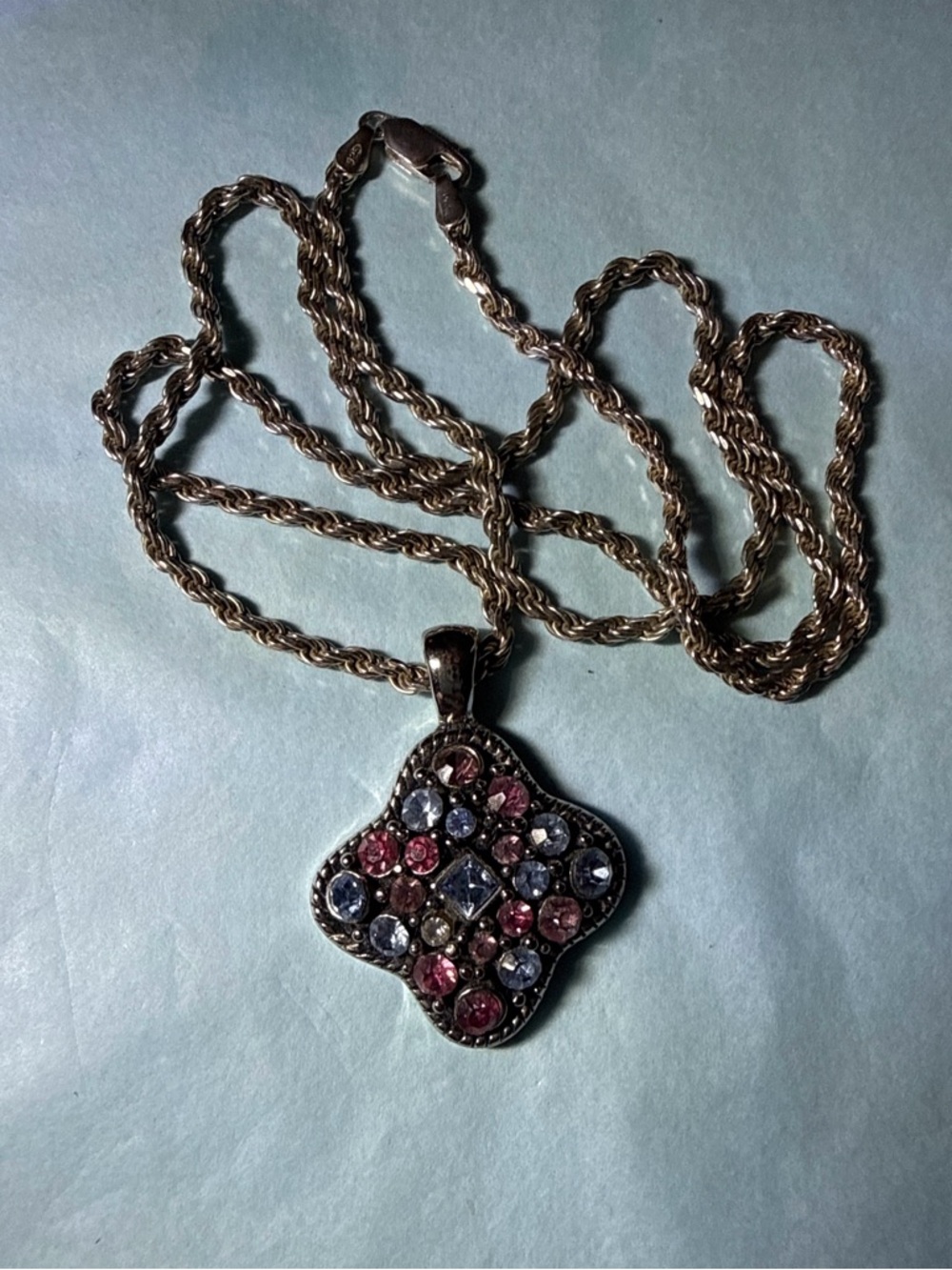 925 Sterling Silver Multicolor Crystal Pendant Necklace Rope Chain